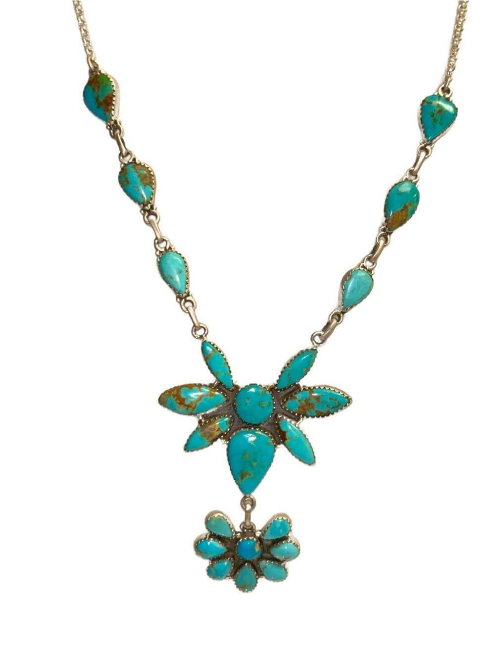 Native American Sterling Silver W/22 Turquoise Floral & Teardrop Shape Necklace